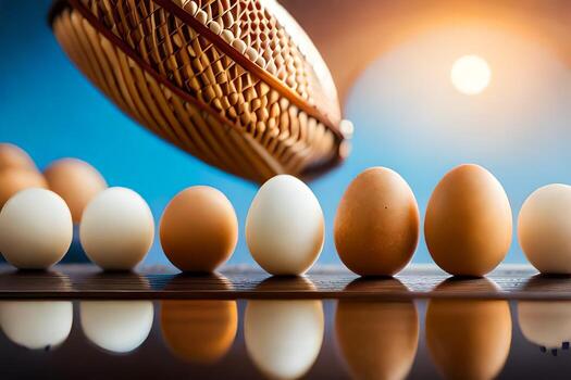 eggs are lined up in a row with a basket in the background. AI-Generated photo