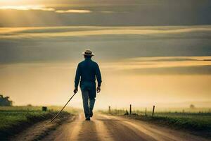 a man walking down a dirt road with a cane. AI-Generated photo