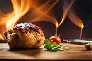 a piece of meat on a wooden cutting board with flames. AI-Generated photo