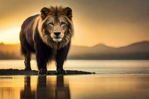 a lion stands on the shore of a lake at sunset. AI-Generated photo