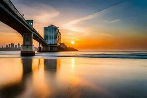 the sun sets over the ocean and a bridge over the water. AI-Generated photo