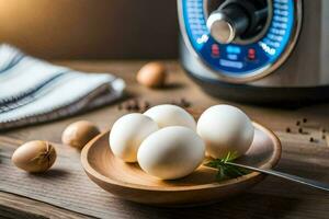 eggs on a wooden plate next to an electric pressure cooker. AI-Generated photo