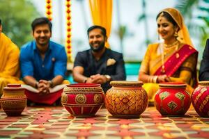 a group of people sitting around a table with colorful pots. AI-Generated photo