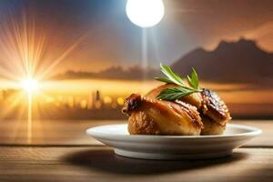 a plate of chicken on a table with a sunset in the background. AI-Generated photo