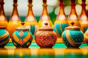 colorful vases are lined up on a table. AI-Generated photo