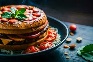 a hamburger with tomatoes and cheese on top. AI-Generated photo