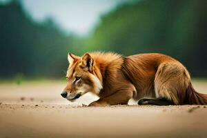 un rojo lobo sentado en el suelo. generado por ai foto