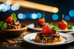 a plate of spaghetti with strawberries and a strawberry. AI-Generated photo