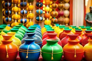 colorful vases are lined up in a store. AI-Generated photo