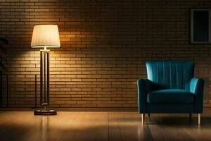 a blue chair and lamp in front of a brick wall. AI-Generated photo