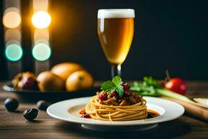 espaguetis con carne salsa y un vaso de cerveza. generado por ai foto