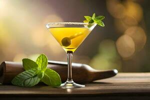 a martini with mint leaves and a bottle. AI-Generated photo