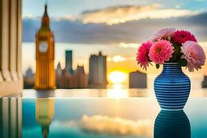 flowers in a vase on a table with a view of big ben. AI-Generated photo