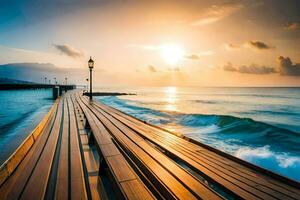 a wooden pier with the sun setting over the ocean. AI-Generated photo