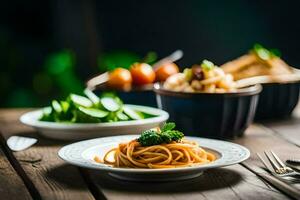 spaghetti with tomato sauce and vegetables on a wooden table. AI-Generated photo