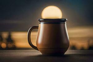 a mug with a light shining in it. AI-Generated photo