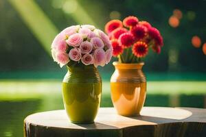 two vases with flowers sitting on a wooden table. AI-Generated photo