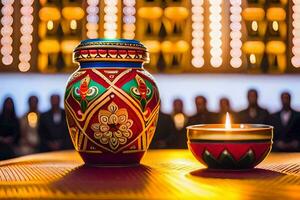 a candle and a vase on a table with people in the background. AI-Generated photo