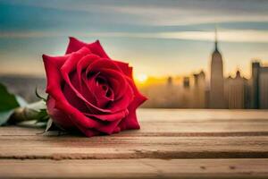 a red rose sits on a wooden table in front of a city skyline. AI-Generated photo