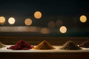 a row of spices on a table. AI-Generated photo