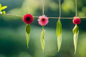 three flowers hanging from a clothesline. AI-Generated photo