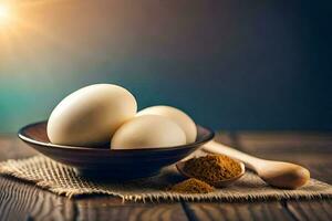 eggs in a bowl with spices on a wooden table. AI-Generated photo