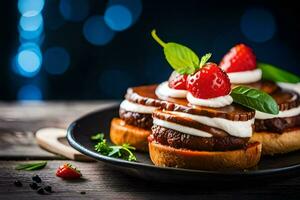 food on a plate with strawberries and cream. AI-Generated photo