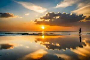 a man stands on the beach at sunset. AI-Generated photo