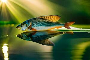 un pescado es reflejado en el agua con luz de sol brillante. generado por ai foto