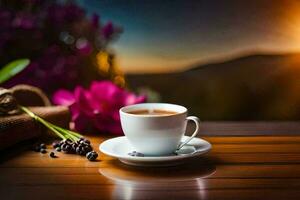 un taza de café en un de madera mesa con un flor en el antecedentes. generado por ai foto