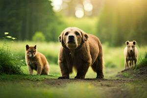 a brown bear and two dogs in the forest. AI-Generated photo