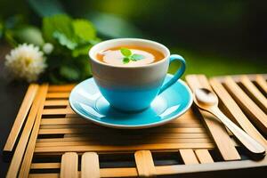 a cup of tea on a bamboo tray. AI-Generated photo