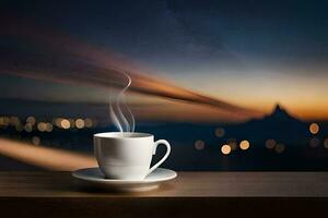 a cup of coffee on a table with a city view. AI-Generated photo