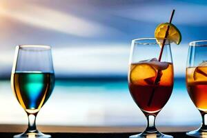 three glasses of drinks with different colors. AI-Generated photo