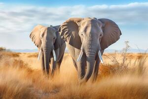 Free Group of elephants walking on the dry grass Generative AI photo