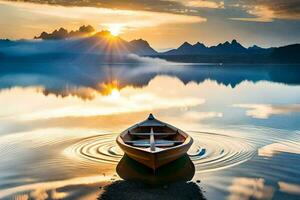 a boat on the water at sunset with mountains in the background. AI-Generated photo