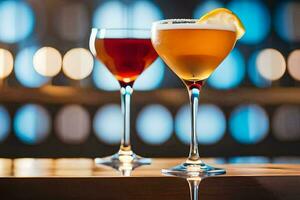 two cocktails sit on a table in front of a blue background. AI-Generated photo