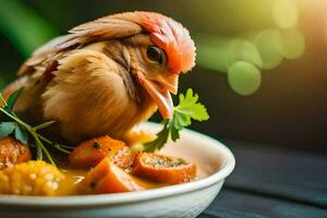 a chicken is eating a bowl of food. AI-Generated photo