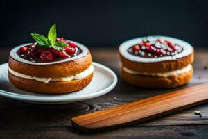 two mini cakes with cream and berries on a wooden table. AI-Generated photo