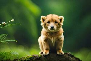 un perrito es sentado en parte superior de un árbol. generado por ai foto