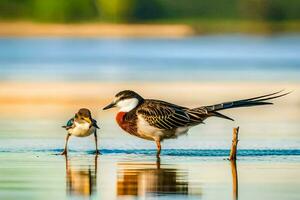 two birds standing on the shore of a lake. AI-Generated photo