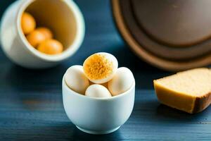 a bowl of eggs and bread on a table. AI-Generated photo