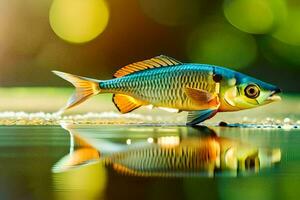 un pescado es en pie en el agua con sus reflexión. generado por ai foto