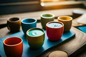 colorful cups on a wooden tray. AI-Generated photo