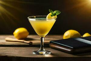 a cocktail with lemon and mint on a wooden table. AI-Generated photo