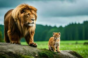 un león y un gato en pie en un roca. generado por ai foto