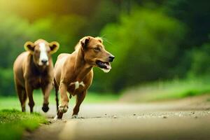 two brown cows running on a road. AI-Generated photo