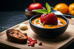 a bowl of soup with a strawberry garnish and a slice of bread. AI-Generated photo