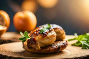 a piece of chicken on a wooden plate. AI-Generated photo