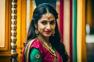 a beautiful indian bride in a colorful sari. AI-Generated photo